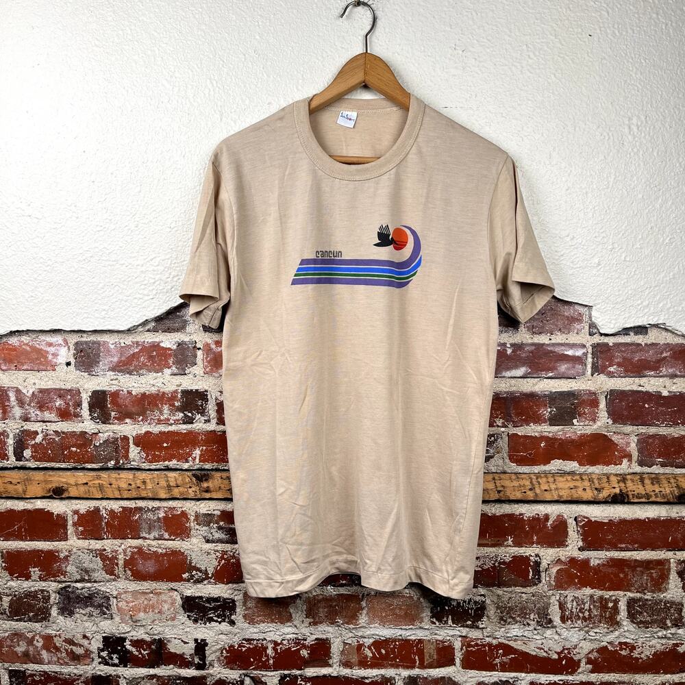 Vintage Cancun Shirt Size Medium Tan Single Stitch Mexico Vacation Travel 90s